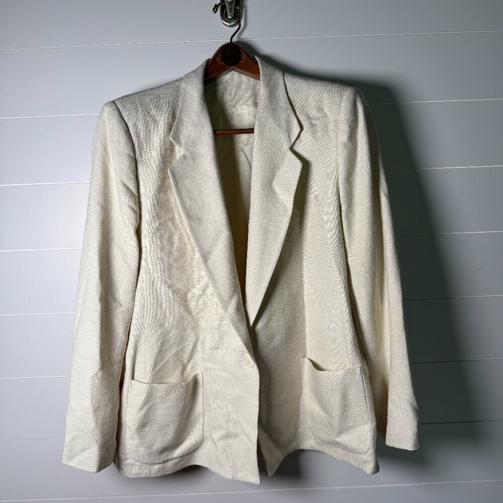 Orvis VTG 100% Silk Woven Jacket One Button Front Cream/Butter Yellow Sz 18